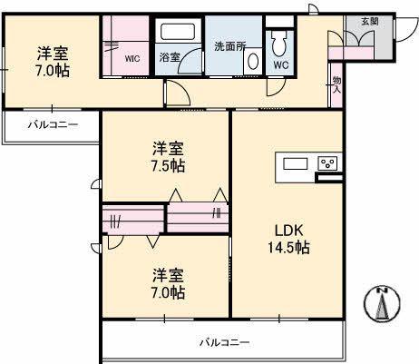 シャーメゾンステージ新山口駅前 B棟(3LDK/2階)の間取り写真