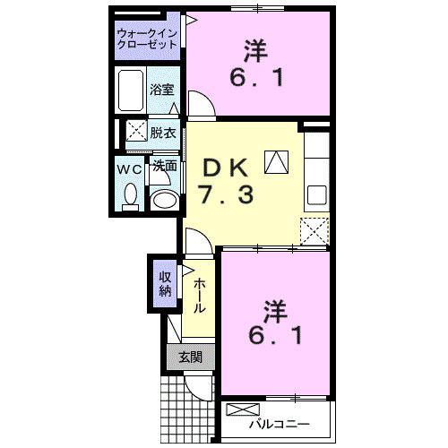 カーサ尾城(2DK/1階)の間取り写真