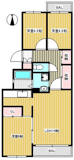 グランコール出来野(3LDK/4階)の間取り写真