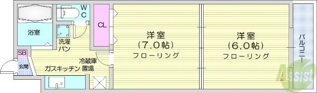 イーグルハイツ宮町(2K/4階)の間取り写真