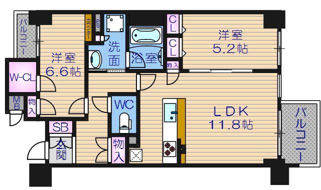 プレサンスロジェ心斎橋(2LDK/6階)の間取り写真