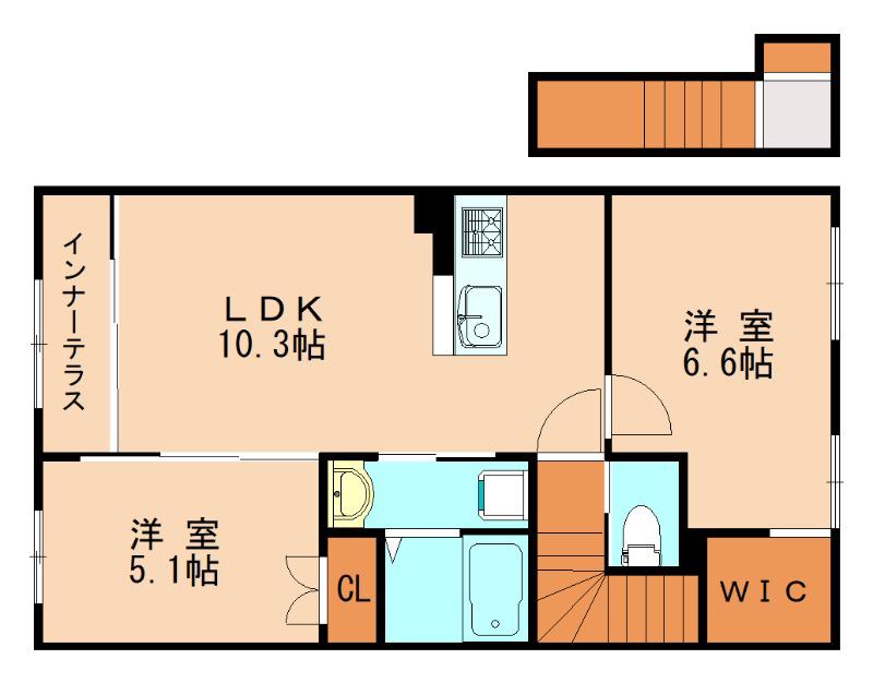 夜臼6丁目アパート(2LDK/2階)の間取り写真