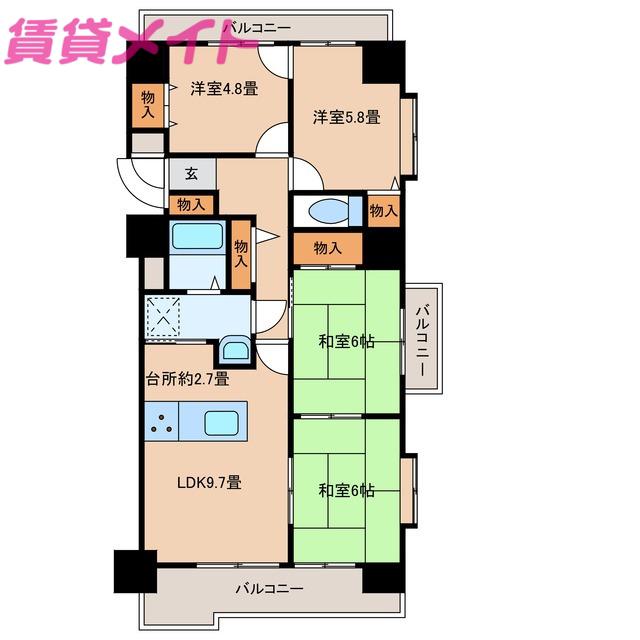 ライオンズマンション川原町(4LDK/3階)の間取り写真
