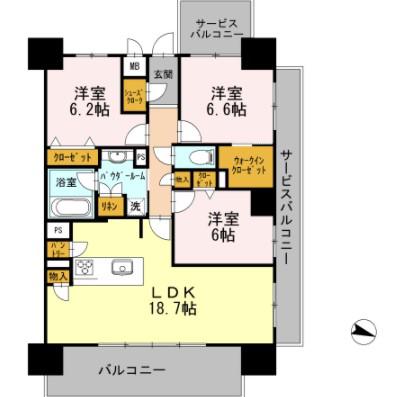 ロイヤルパークスERささしま イースト(3LDK/14階)の間取り写真