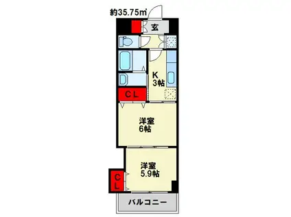 グランディ下曽根(2K/4階)の間取り写真