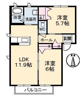 アットホーム原II A棟(2LDK/1階)の間取り写真