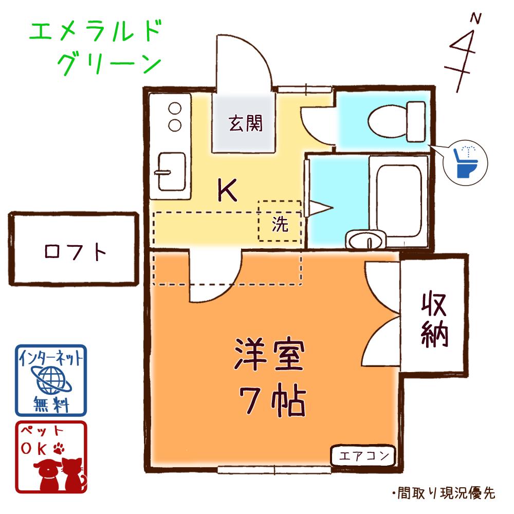 エメラルドグリーン(1K/3階)の間取り写真