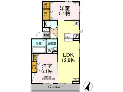 クレージュ大和町(2LDK/2階)の間取り写真
