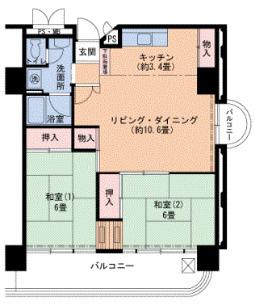 UR 武庫川19(2LDK/22階)の間取り写真
