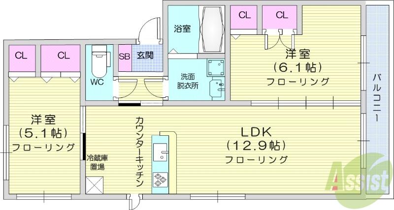 クレージュ大和町(2LDK/1階)の間取り写真