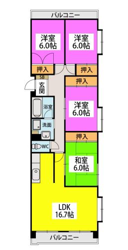 エサキ南ビル(4LDK/3階)の間取り写真