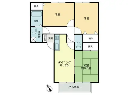 フォブール龍雲 B棟(3DK/1階)の間取り写真