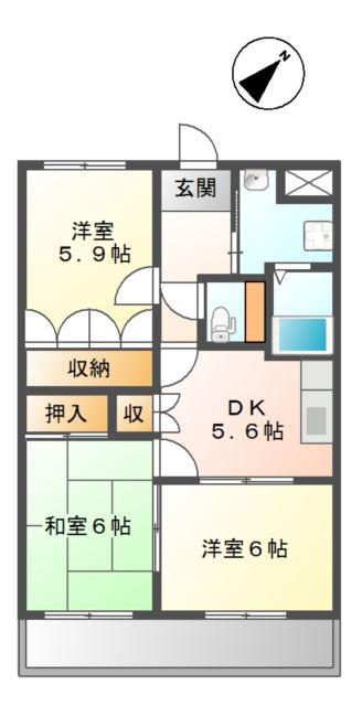 プロニティ行橋A棟(3DK/2階)の間取り写真