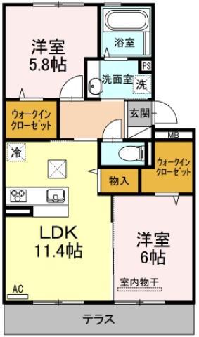 ヴェルドミールII(2LDK/1階)の間取り写真