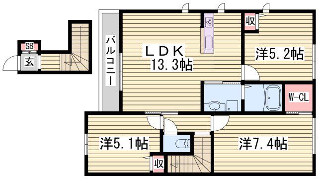 ハイツ熊見V A棟(3LDK/2階)の間取り写真