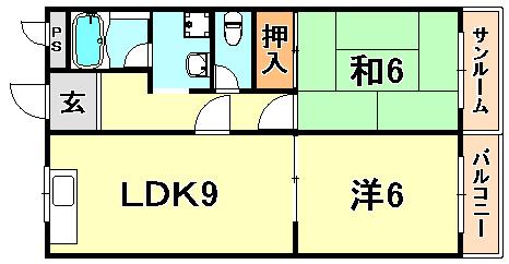 ハニーサイド塩屋(2LDK/3階)の間取り写真