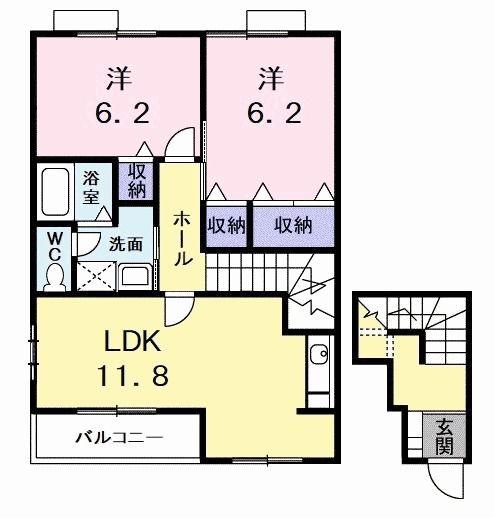 フォンテ-ヌB(2LDK/2階)の間取り写真