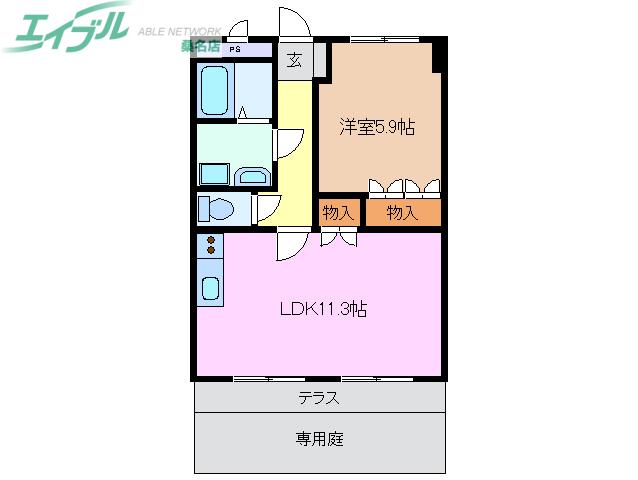 ツインズアソシアA棟(1LDK/1階)の間取り写真