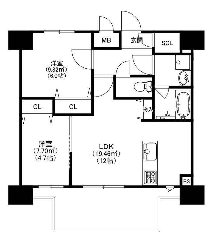 MODERN PALAZZO 博多デュオグランデイースト(2LDK/9階)の間取り写真