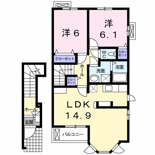 グランデヒサノB(2LDK/2階)の間取り写真