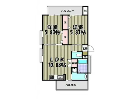 ハイツカトレヤ(2LDK/4階)の間取り写真