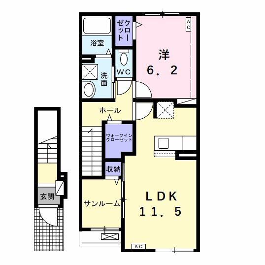 トロワ三本木(1LDK/2階)の間取り写真