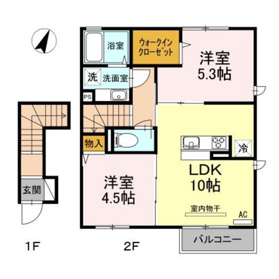 ボンヌール(2LDK/2階)の間取り写真