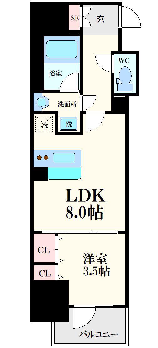 レジュールアッシュ谷町四丁目グランクラス(1LDK/7階)の間取り写真