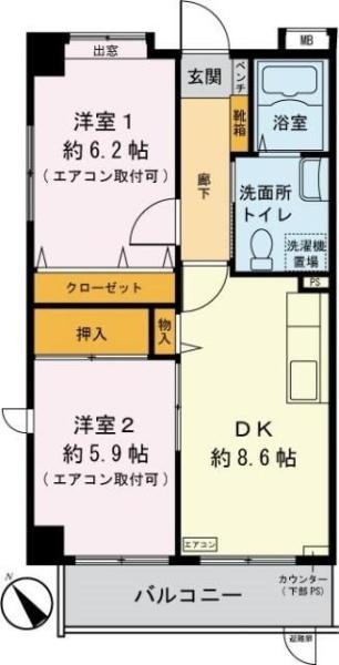 サンリーフ保土ヶ谷(2DK/1階)の間取り写真