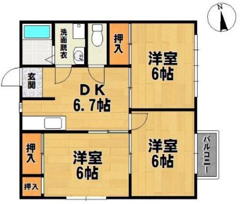 リパーサイド東合川(3DK/2階)の間取り写真