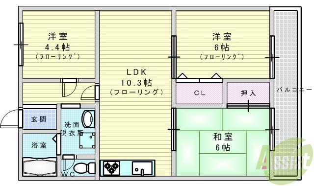 グリーンパレス千里中央B棟(3LDK/2階)の間取り写真