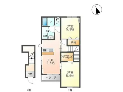 静かで落ち着いた住環境が魅力(2DK/2階)の間取り写真