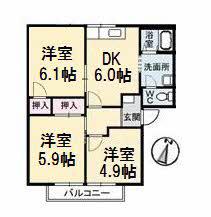 オーキッド倉敷II C棟(3DK/1階)の間取り写真