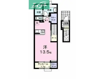 ルフレ I(ワンルーム/2階)の間取り写真