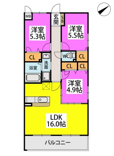 ボルドーV番館(3LDK/2階)の間取り写真