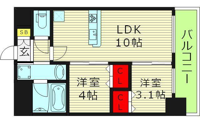 プレリス大阪今里サヴィア(2LDK/4階)の間取り写真