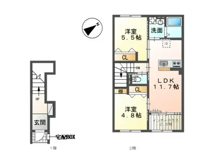 川口市大字道合字久保前 アパート工事(2LDK/2階)の間取り写真