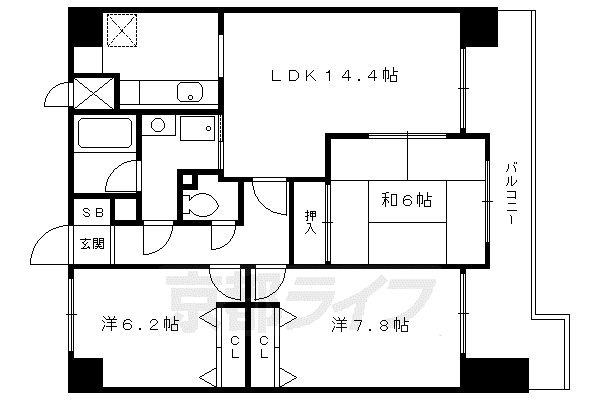 DELEAD 淀城公園(3LDK/3階)の間取り写真