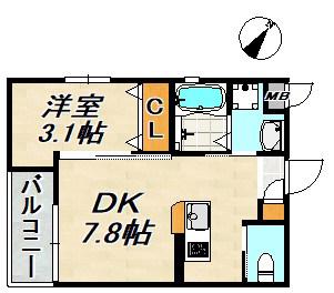 ワコーレヴィータ川西通(1DK/2階)の間取り写真