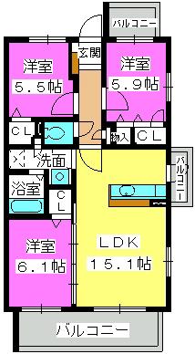 ソシアハイネス(3LDK/3階)の間取り写真