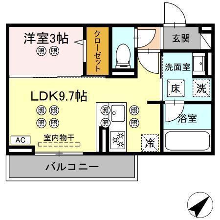 ディアライズ旭通 B棟(1LDK/2階)の間取り写真