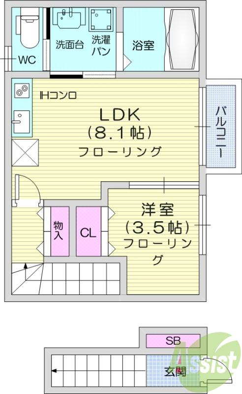 LUMINARE台原Ⅱ(1LDK/2階)の間取り写真