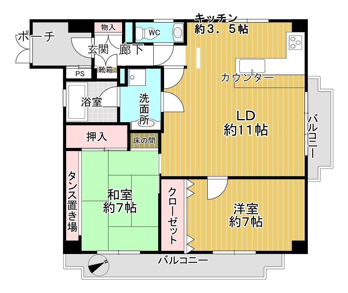 ルグラン帝塚山(2LDK/3階)の間取り写真