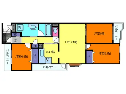 ロイヤル芦屋川(3LDK/1階)の間取り写真