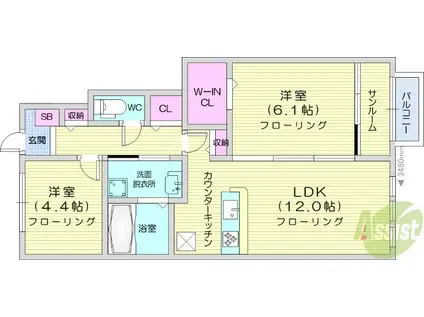 カーサ・デル・ソーレ八幡(2LDK/1階)の間取り写真