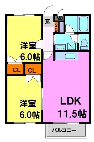 ウッディーパル萩原(2LDK/2階)の間取り写真