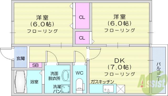 フィオーレA(2DK/2階)の間取り写真