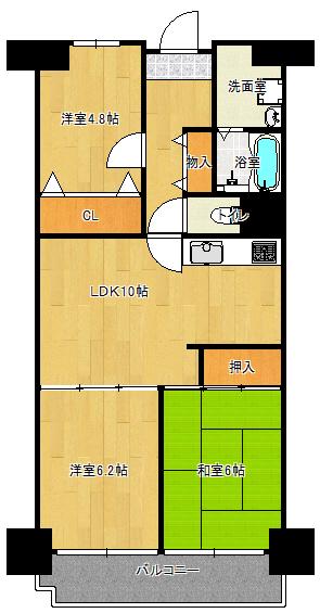 住道グランドコーポ(3LDK/3階)の間取り写真