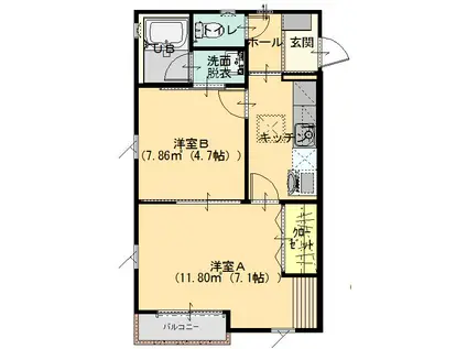 ラ・メゾンドゥロサB(2K/1階)の間取り写真