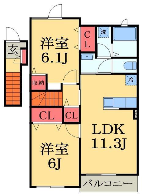 サニーヒル・B(2LDK/2階)の間取り写真